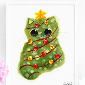 Christmas Tree Cat Art Print, INSTANT DOWNLOAD Art Printable, Holiday Cat Lover Gift Decor