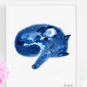 Moonrise Night Sky Sleeping Cat Art Print, INSTANT DOWNLOAD Art Printable, Cat Lover Gift