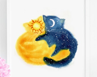 Sun and Moon Kitties Art Print, Instant Download Art Printable, Cat Lover Decor