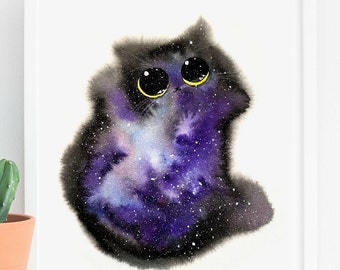 Space Void Galaxy Cat Art Print, Instant Download Art Printable, Cat Lover Illustration