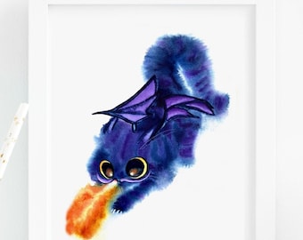 Dragon Cat Indigo Purple Art Print, Instant Download Art Printable, Cat Lover Decor