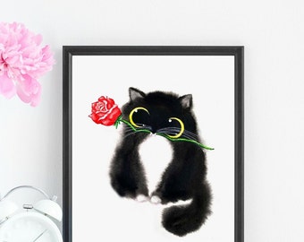 Tuxedo Cat With A Rose Art Print, Instant Download Art Printable, Cat Lover Gift Decor