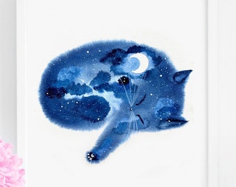 Moonrise Night Sky Sleeping Cat Art Print, INSTANT DOWNLOAD Art Printable, Cat Lover Gift