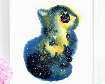 May include: Watercolor painting of a blue and yellow cat with a galaxy pattern. The cat's eye is a black hole. The painting is signed "Kalied" in the bottom right corner.