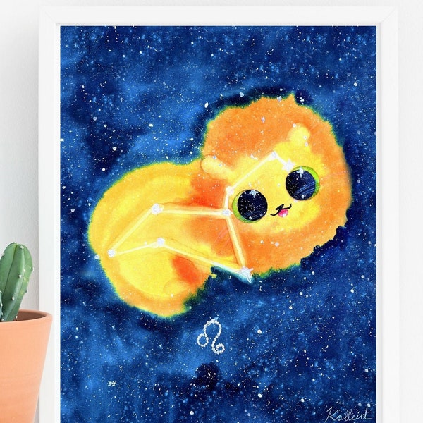 Zodiac Leo Cat Art Print, INSTANT DOWNLOAD Art Printable, Cat Lover Gift