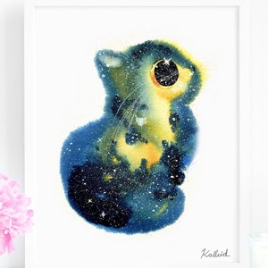 Gold and Blue Galaxy Cat, INSTANT DOWNLOAD Art Printable, Cat Lover Gift Decor