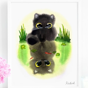 Black Cat Watching Reflection In A Pond Art Print, INSTANT DOWNLOAD Art Printable, Cat Lover Gift Decor