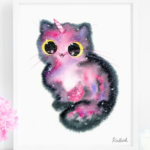 Pink Unicorn Galaxy Cat Art Print, INSTANT DOWNLOAD Art Printable, Cat Lover Gift Decor