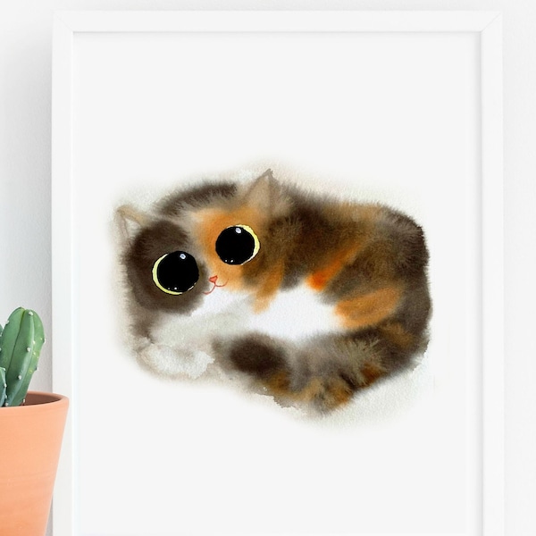 Fluffy Calico Cat Art Print, Instant Download Art Printable, Cat Lover Home Decor Wall Art