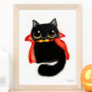 Dracula Cat Art Print, INSTANT DOWNLOAD Art Printable, Cat Lover Halloween Vampire Decor