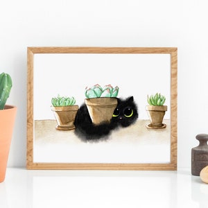 Black Kitty Among the Succulents Art Print, Instant Download Art Printable, Cat Lover Wall Art Decor
