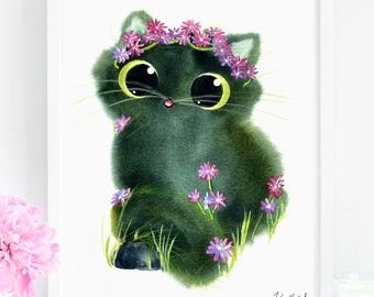 Aster Flower Crown Cat Art Print, INSTANT DOWNLOAD Art Printable, Cat Lover Gift Decor