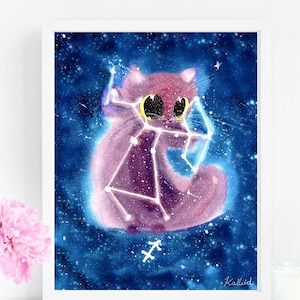 Zodiac Sagittarius Cat Art Print, INSTANT DOWNLOAD Art Printable, Cat Lover Gift