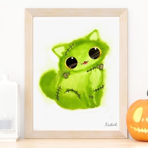 Franken-Kitty Art Print, INSTANT DOWNLOAD Art Printable, Cat Lover Frankenstein Halloween Decor