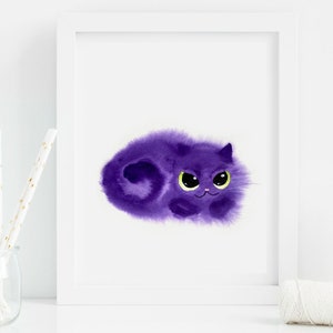 Fluffy Purple Cat with Green Eyes, Cat Lover Wall Art Illustration, Cat Artwork, Home Decor, Nursery Decor, Cat Print