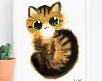 May include: Watercolor painting of a tabby cat with large, expressive eyes and a sweet expression. The cat is depicted in shades of brown and black, with a white background and a white frame. A small cactus in a terracotta pot is in the foreground.