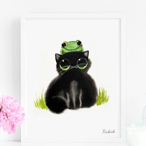 Black Cat with Frog on Head Art Print, INSTANT DOWNLOAD Art Printable, Cat Lover Gift Decor