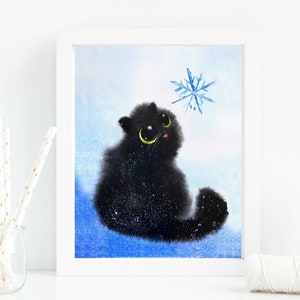 Cat Lover Gift, Winter Snowflake Black Cat Art Print, Instant Download Art Printable, Cat Lover Holiday Gift Home Decor