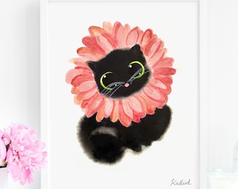 Peachy Gerbera Daisy Cat, Instant Download Art Printable, Cat Lover Gift