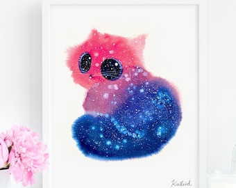 Cat Lover Gift, Galaxy Cat, Pink Purple and Blue Bi Pride Flag Cat Art Print, INSTANT DOWNLOAD Art Printable, Cat Lover Gift Decor