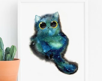 Cat Print, Galaxy Green Blue Cat Art Print, Instant Download Art Printable, Cat Lover Gift Decor