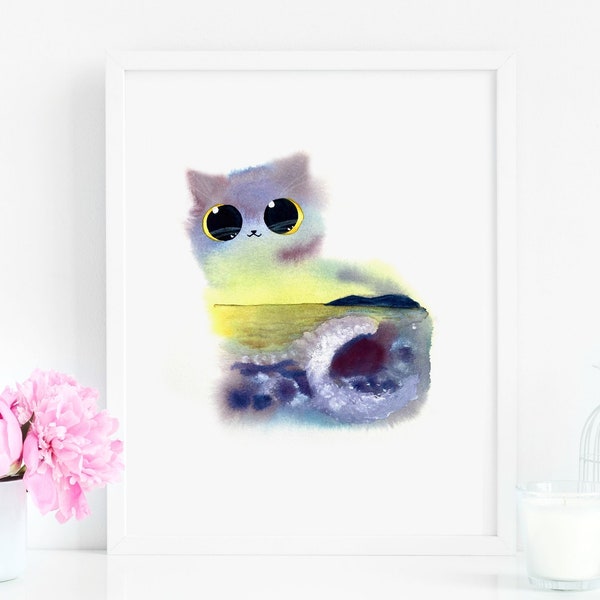 Cat Print, Seascape Cat Art Print, Sunset Wall Art, Instant Download Art Printable, Cat Lover Gift Decor