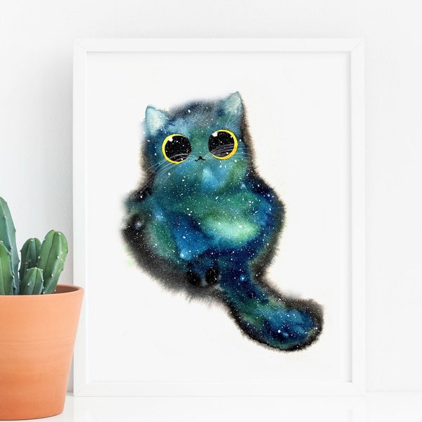 Cat Print, Galaxy Green Blue Cat Art Print, Instant Download Art Printable, Cat Lover Gift Decor