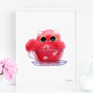 Cherry Blossom Tea Cat Art Print, Instant Download Art Printable, Cat Lover Mothers Day Gift Decor