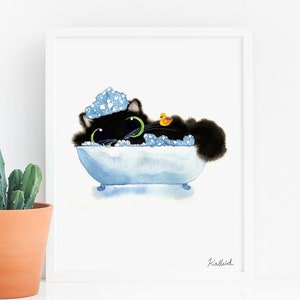 Bathtub Cat Art Print, INSTANT DOWNLOAD Art Printable, Mother's Day Cat Lover Gift Bathroom Decor