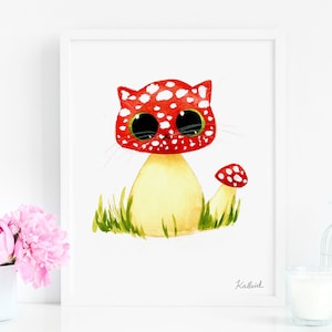 Red Mushroom Cat Art Print, Instant Download Art Printable, Cat Lover Decor