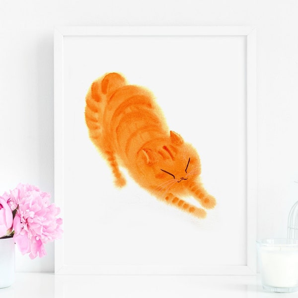 Orange Creamsicle Cat Stretch Art Print, Instant Download Art Printable, Cat Lover Home Decor Illustration