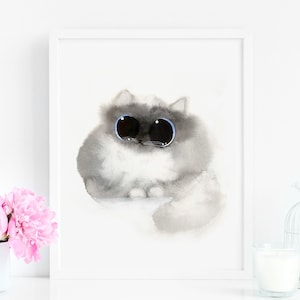 White Ragdoll Fluffy Cat Art Print, Instant Download Art Printable, Cat Lover Gift Illustration