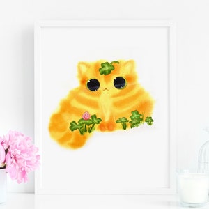 Cat Lover Gift, Cat Print, Four Leaf Clover Orange Tabby Cat Art Print, Instant Download Art Printable, Cat Lover Gift Decor