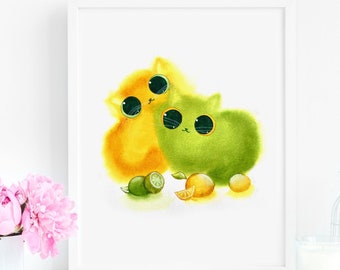 Cat Print, Lemon and Lime Kitties Art Print, Instant Download Art Printable, Cat Lover Gift Decor