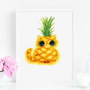 Cat Print, Pineapple Cat Art Print, Instant Download Art Printable, Cat Lover Gift Decor