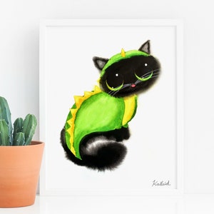 Dino Cat Art Print, INSTANT DOWNLOAD Art Printable, Nursery Cat Wall Art