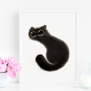 Black Cat Fluffy Art Print, Téléchargement instantané d’art imprimable, Cat Lover Home Decor Illustration