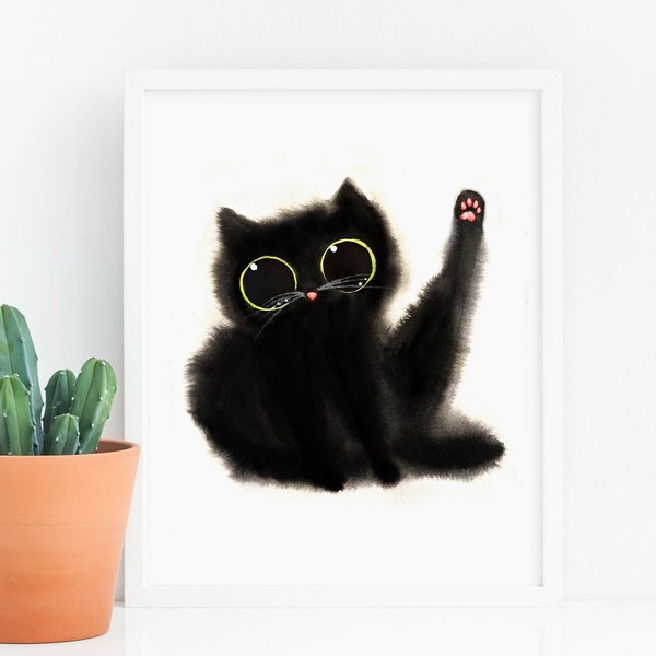 Black Cat With Leg Up Art Print, Instant Download Art Printable, Cat Lover Illustration