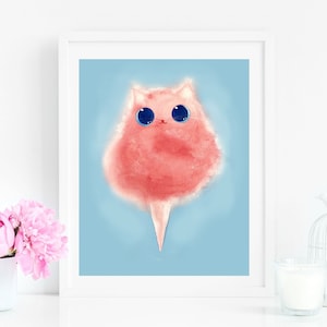 Cat Print, Cotton Candy Cat Art Print, Instant Download Art Printable, Cat Lover Gift Decor