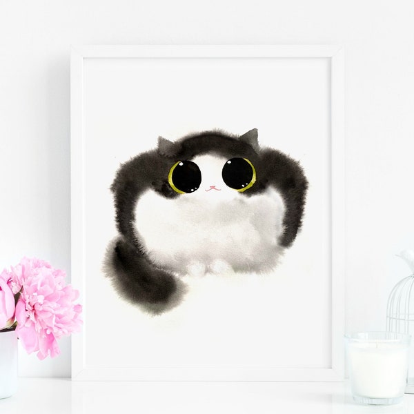 Fluffy Cow Cat Loaf Art Print, Instant Download Art Printable, Cat Lover Illustration