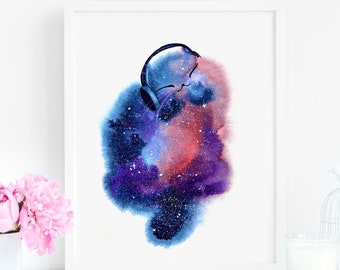 Cat Print, Music Listening Galaxy Cat Art Print, Instant Download Art Printable, Cat Lover Gift Decor