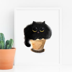 Black Cat In A Pot Art Print, Instant Download Art Printable, Cat Lover Gift Home Decor