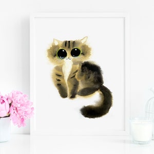 Regalo para amantes de los gatos, impresión artística de gato atigrado marrón esponjoso, descarga instantánea de arte imprimible, decoración del hogar para amantes de los gatos