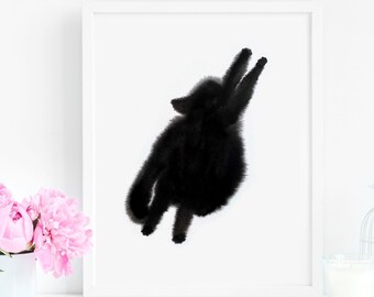 Fluffy Black Cat Stretch Art Print, Instant Download Art Printable, Cat Lover Home Decor