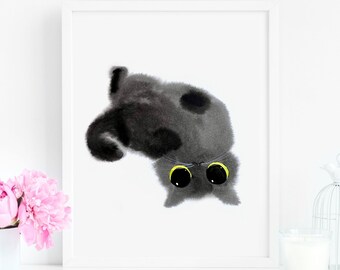 Cat Rolling Over Art Print, Instant Download Art Printable, Black Cat Wall Art Home Decor