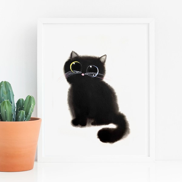 Black Cat with Blue Green Eyes Art Print, Instant Download Art Printable, Void Cat Lover Gift Decor