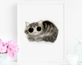 Fluffy Grey Tabby Art Print, Instant Download Art Printable Cat Lover Home Decor