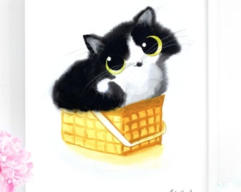 Cadeau pour amoureux des chats, impression d'art chat dans un panier, téléchargement immédiat, impression d'art, décoration cadeau pour amoureux des chats