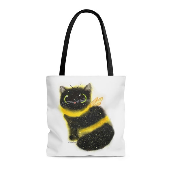 Bumblebee Cat Tote Bag, Two-Sided Print! Three sizes, Black and Yellow Watercolor Kalleidoscape Design Cat Art