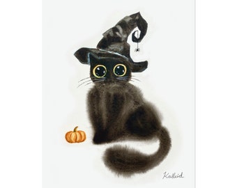 Watercolor Cat Art Print, Colorful Pet Portrait Wall Decor, Cat Lover Gift, Witch Cat Physical Print